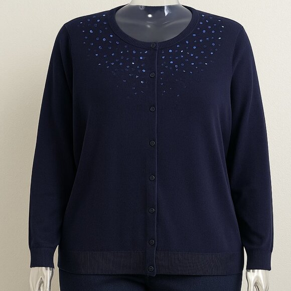 Croft & Barrow Womens Cardigan Sweater 3X Navy Blue Sequin Embellished Knit - Picture 1 of 7